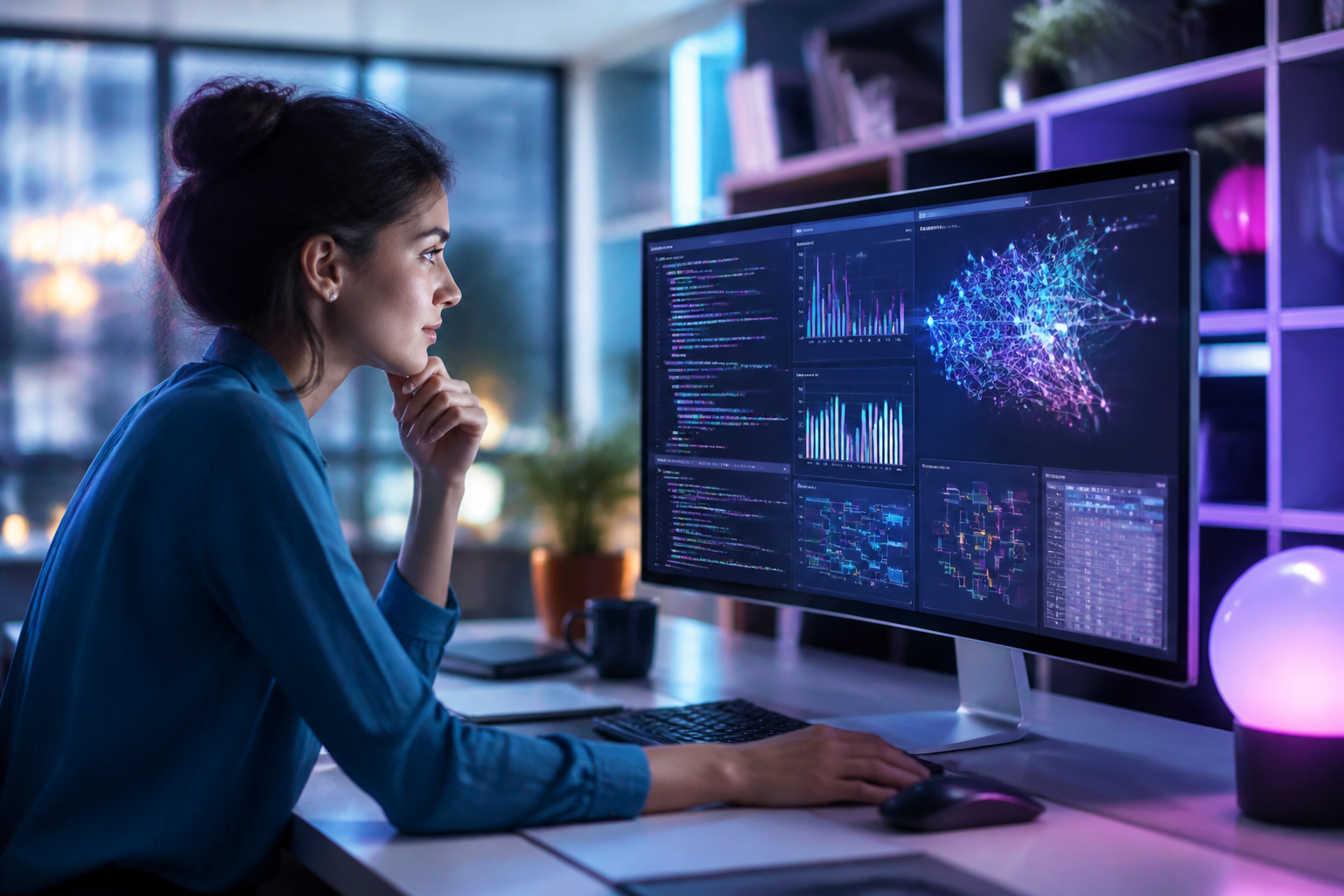 Donna al computer analizza codice, grafici e visualizzazioni di dati su un grande monitor