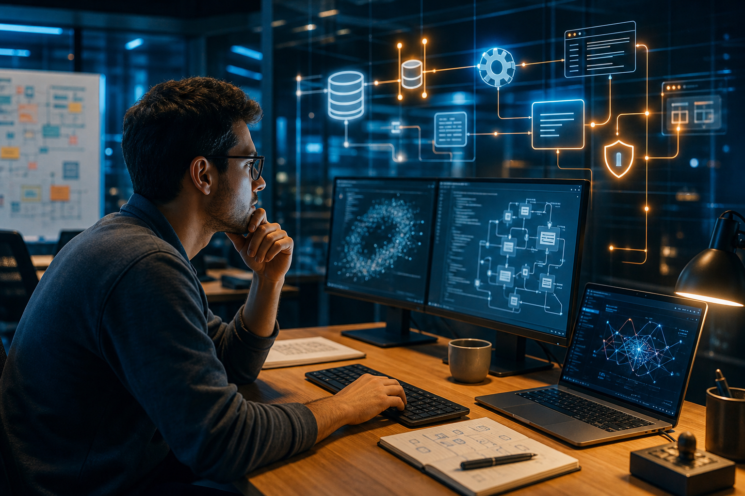Sviluppatore al lavoro su monitor con diagrammi di flusso, visualizzazioni di dati e sistemi interconnessi